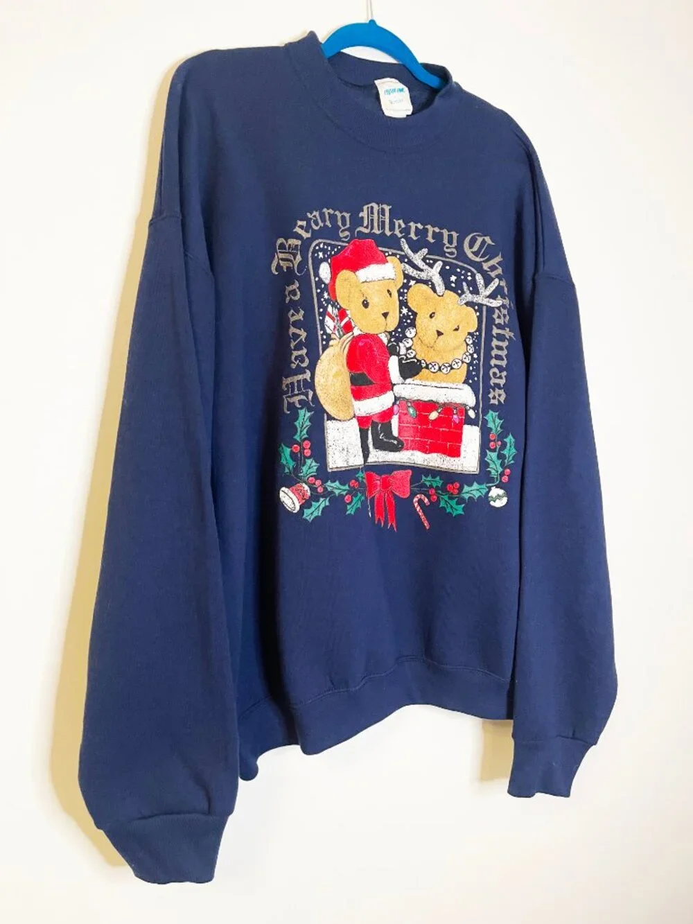 India Ink Christmas Bear Sweatshirt Navy Blue Women's One Size Vintage Holiday